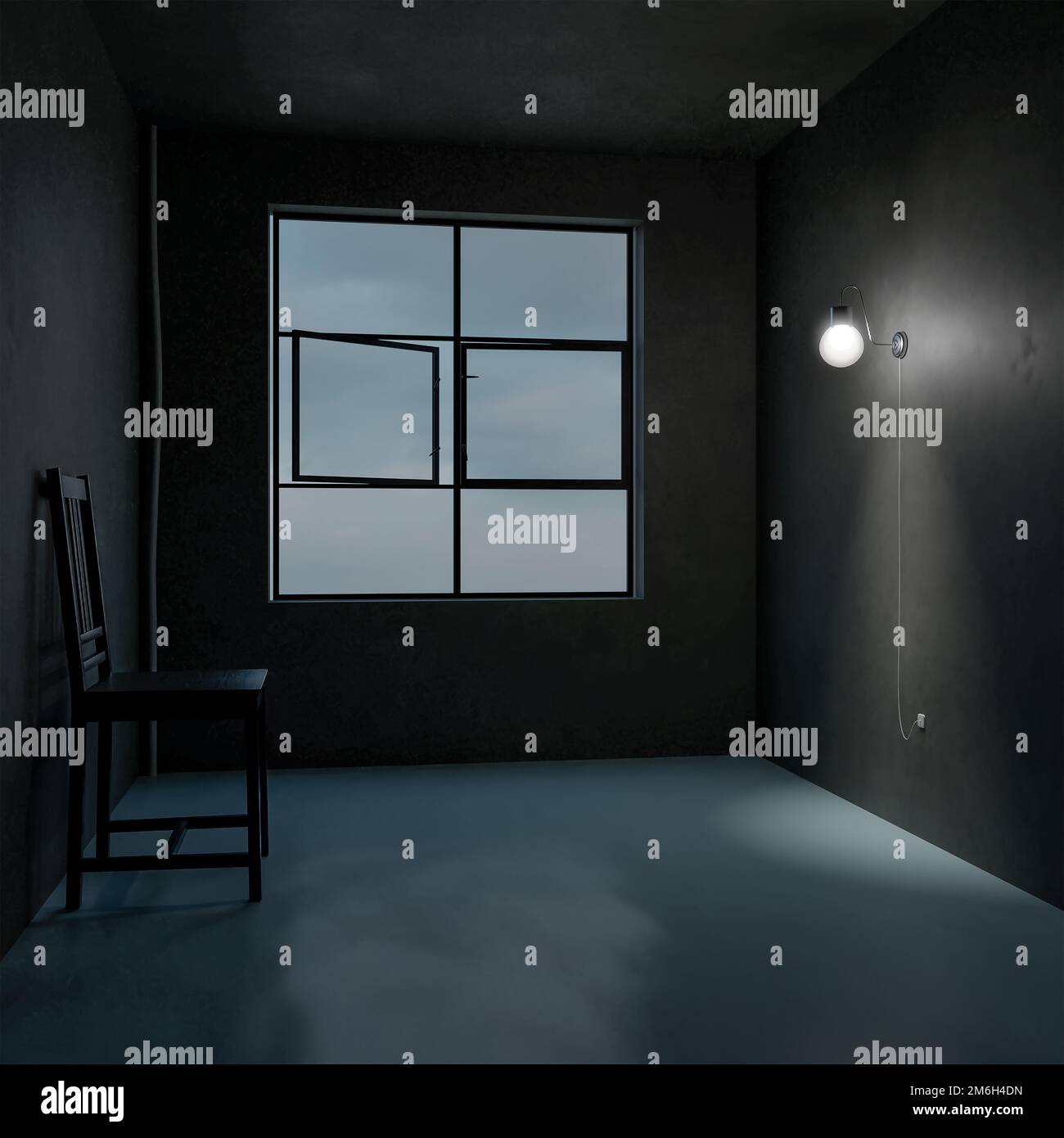 rendu 3d, illustration 3d. Chambre vide ou bureau avec chaise en bois. Banque D'Images