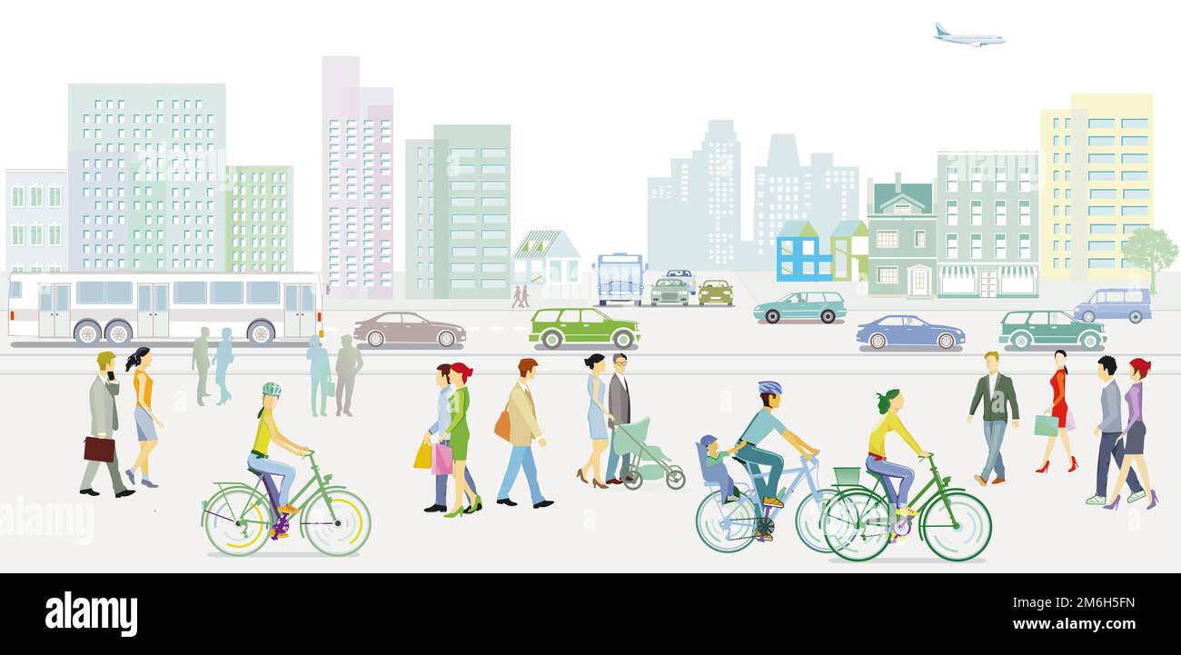 Grande ville avec circulation routière et transports en commun, illustration Banque D'Images