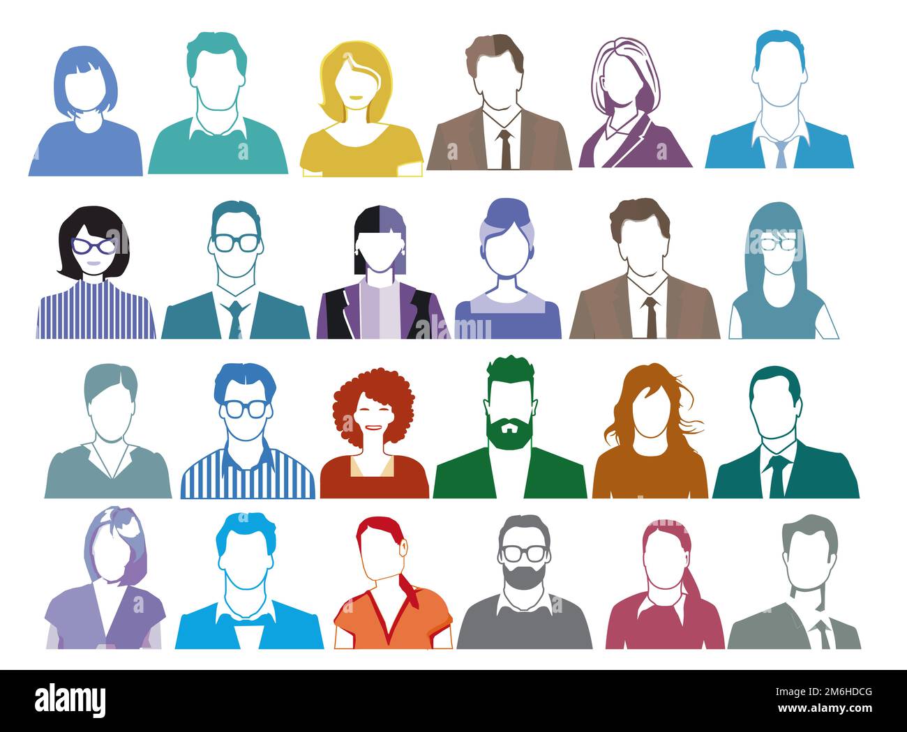 Portrait de groupe de personnes, visages isolés sur fond blanc. Illustration Banque D'Images