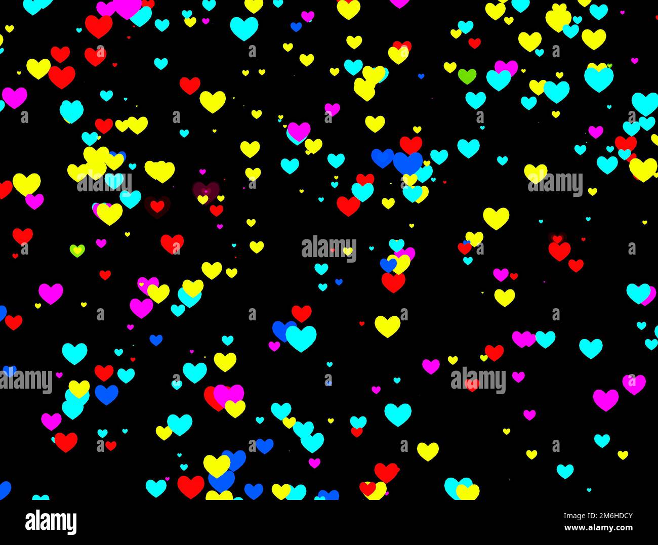Coeurs striés multicolores sur fond noir. 3D rendu Banque D'Images