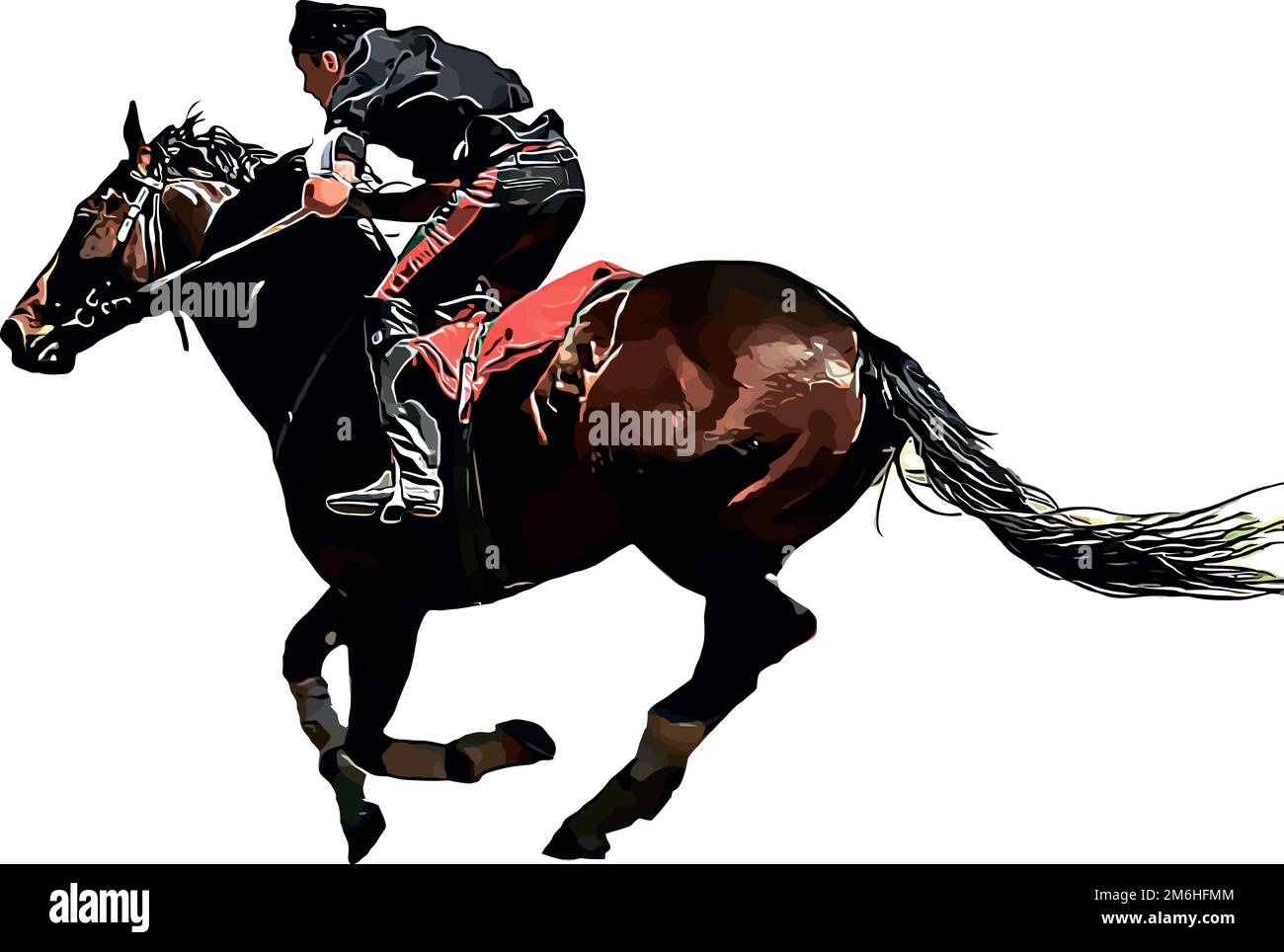 Cheval de course avec jockey aux courses. Isolé sur un fond blanc Banque D'Images