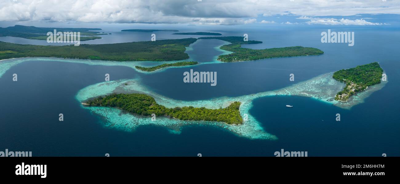 Un récif de corail sain et robuste entoure une baie pittoresque des îles Salomon. Ce beau pays abrite une biodiversité marine spectaculaire. Banque D'Images