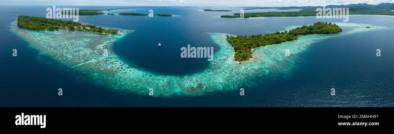 Un récif de corail sain et robuste entoure une baie pittoresque des îles Salomon. Ce beau pays abrite une biodiversité marine spectaculaire. Banque D'Images