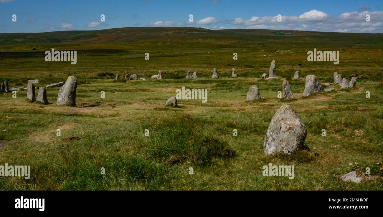 Scorhill Stone Circle sur Gidleigh Common, parc national de Dartmor Banque D'Images