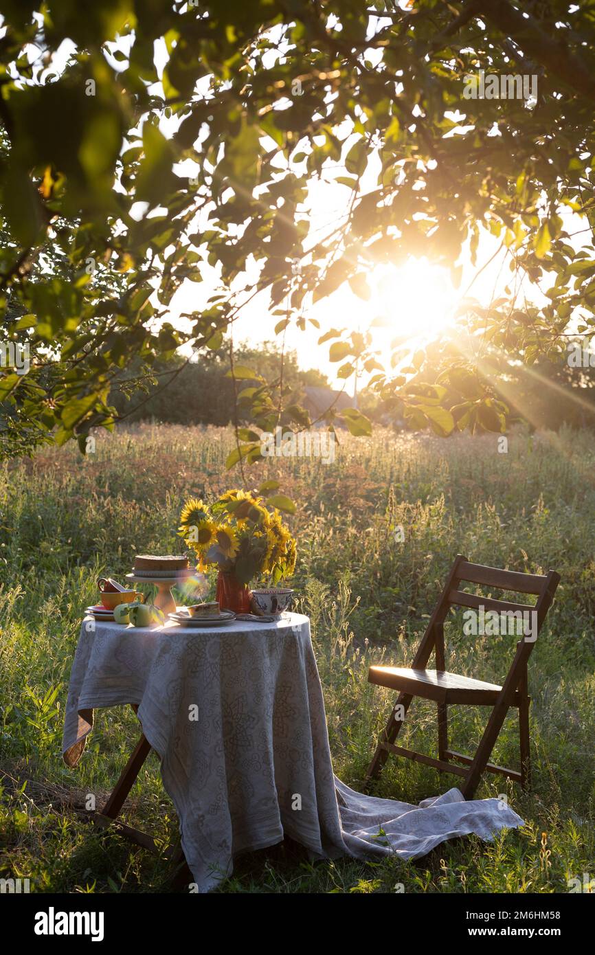 jardin et encore la vie. thé dans le jardin - tarte, vase avec tournesols et pommes sur une table Banque D'Images