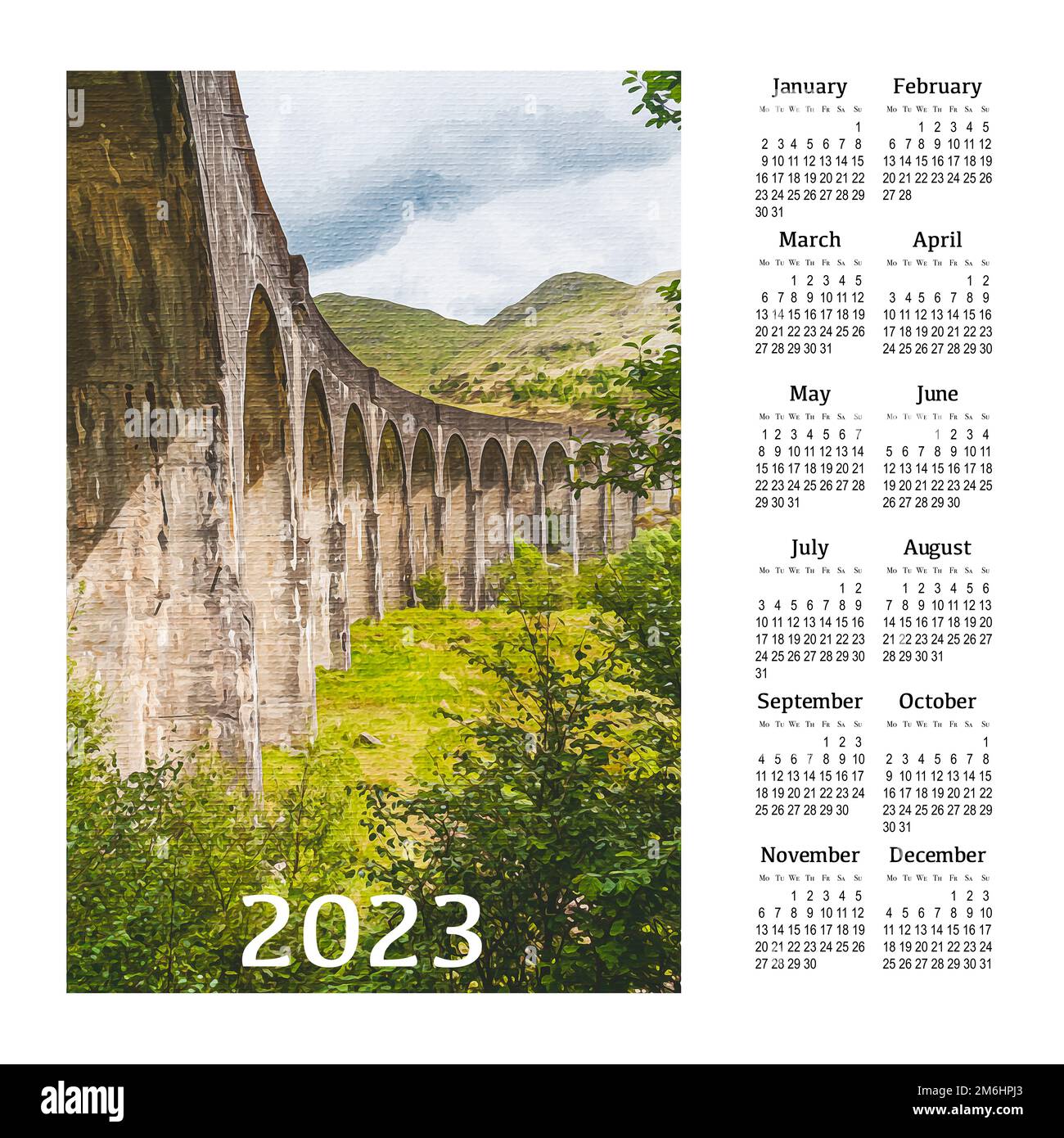 Calendrier pour 2023 sur fond blanc pour impression. Écosse, Grande-Bretagne. Banque D'Images