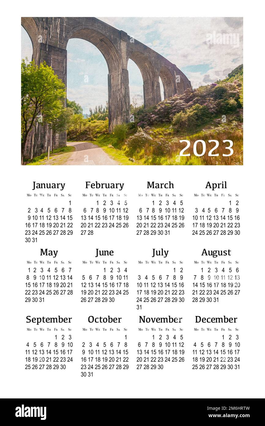 Calendrier pour 2023 sur fond blanc pour impression. Écosse, Grande-Bretagne. Banque D'Images