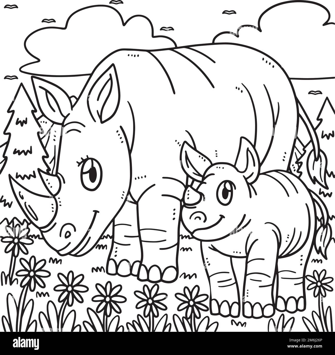 Page de coloriage de la mère Rhino et du bébé Rhino pour les enfants