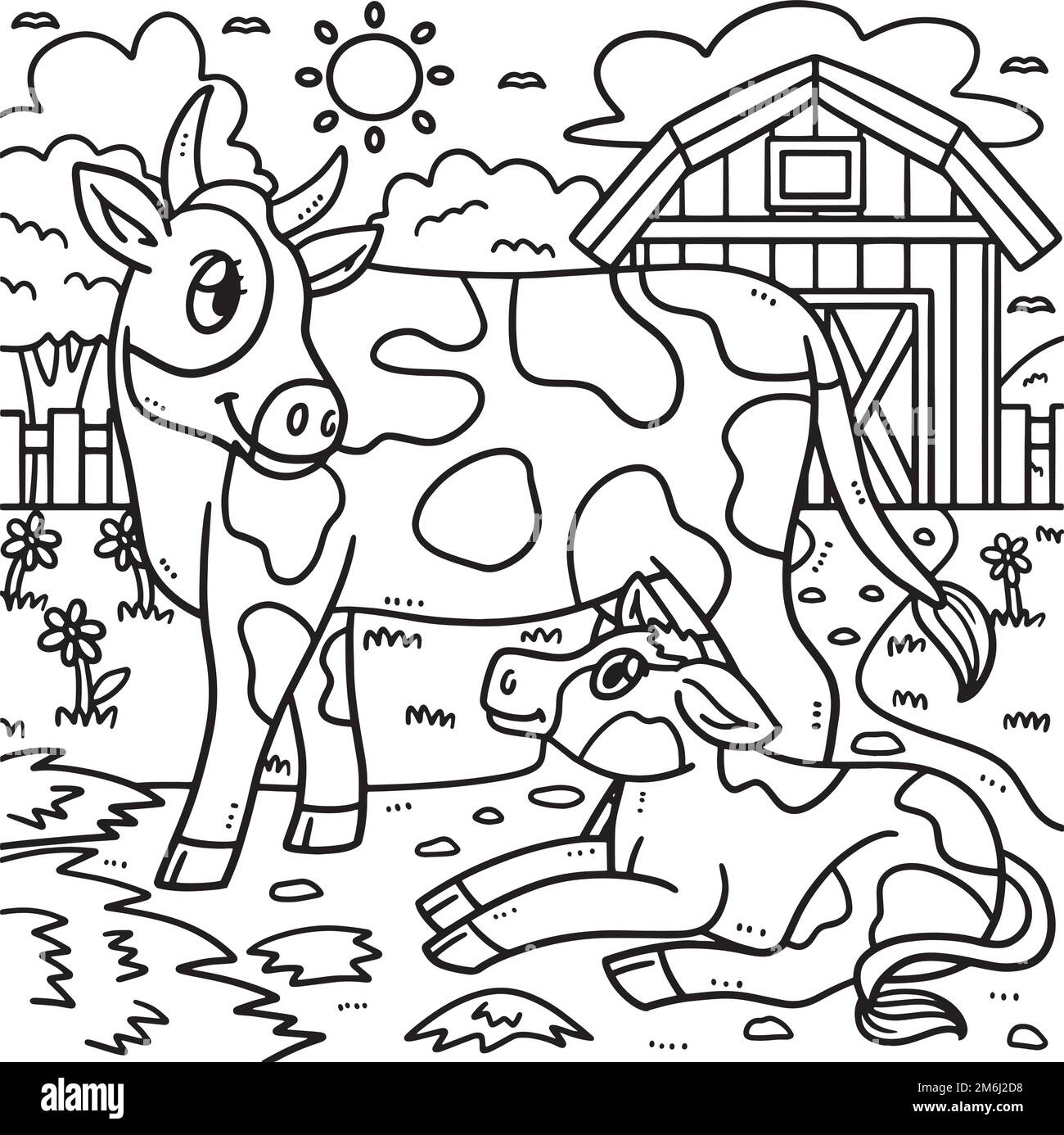 Page de coloriage de vache et de veau pour enfants Illustration de Vecteur