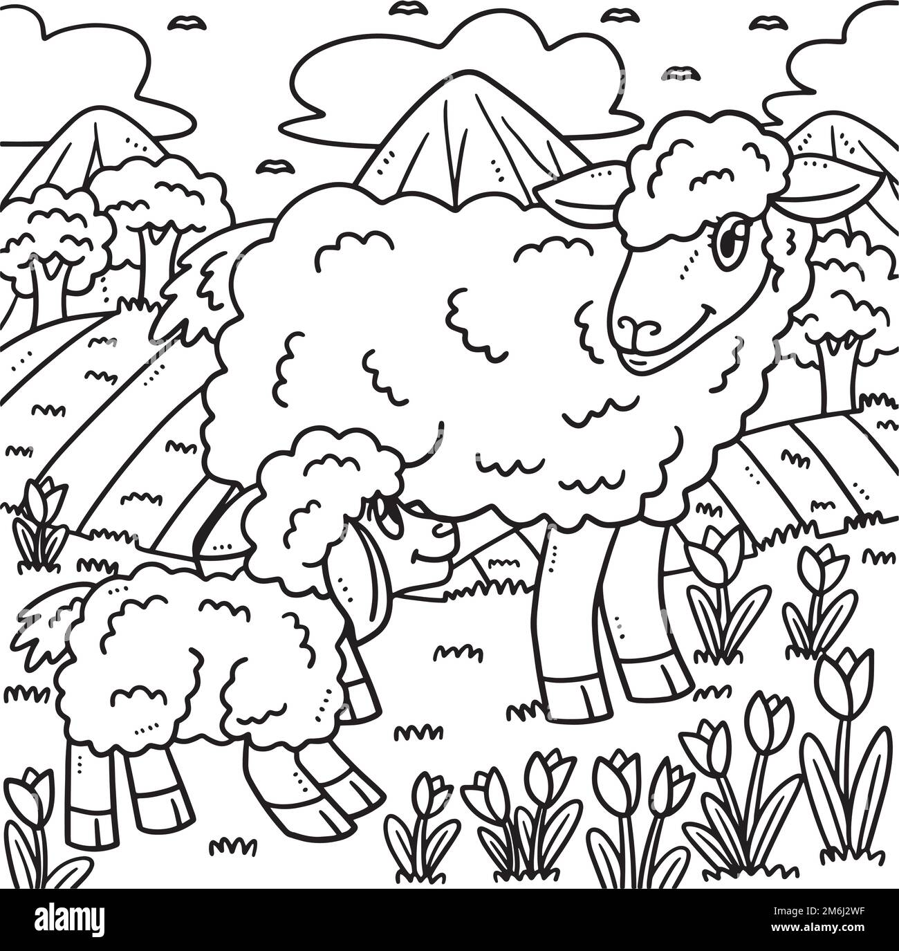 Page de coloriage de la mère de mouton et d'agneau pour les enfants