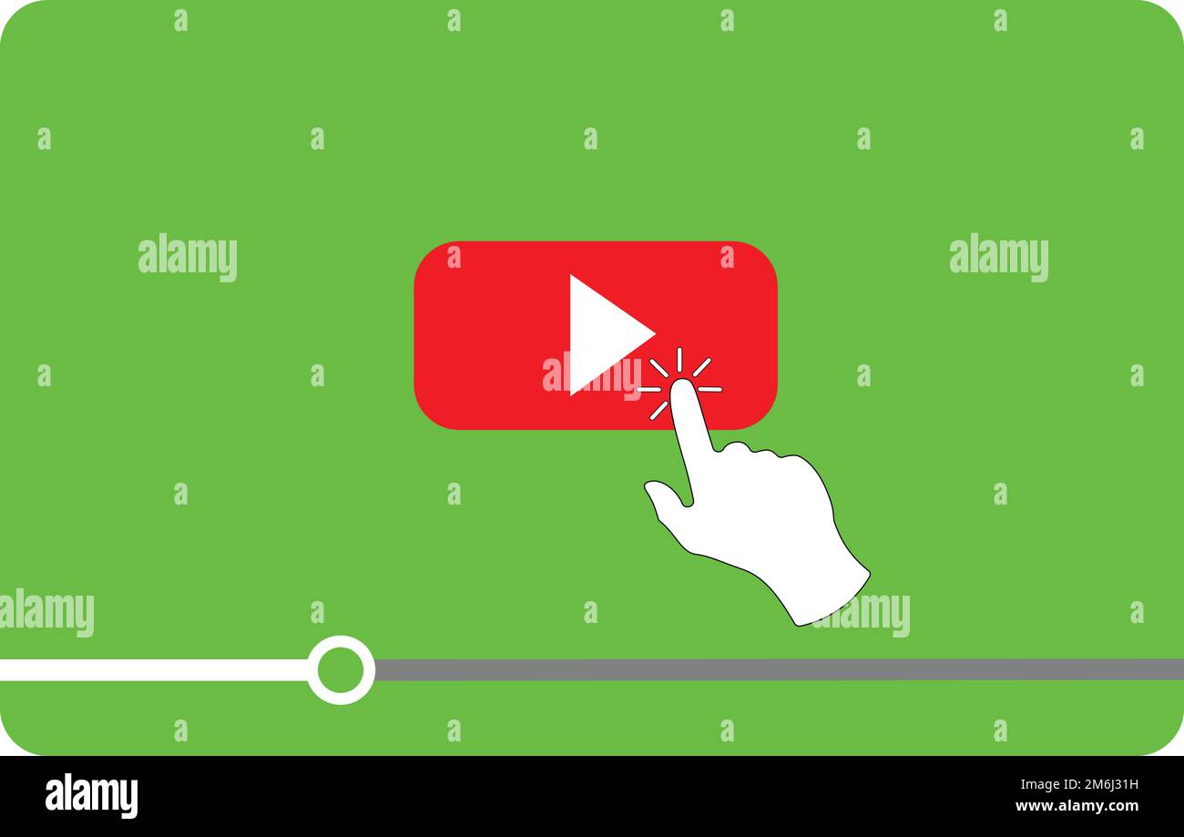 Forme de lecteur vidéo multimédia avec un curseur à main en appuyant sur un bouton de lecture, isolé sur fond vert de touche chroma. Pictogramme de diffusion de vecteur illu Illustration de Vecteur
