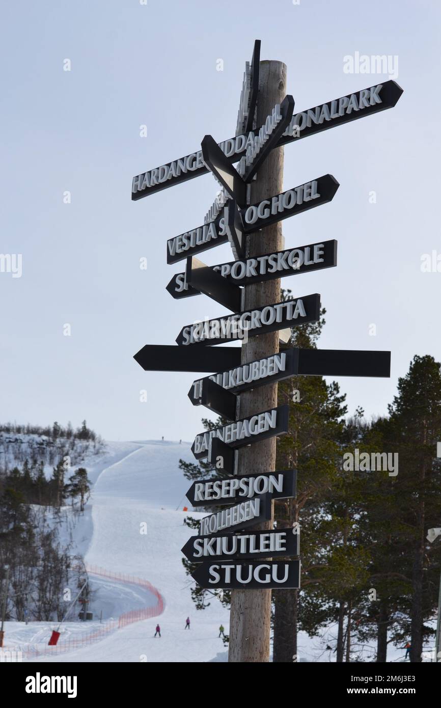 Geilo, Norvège panneau pris au fond de la piste de ski Banque D'Images