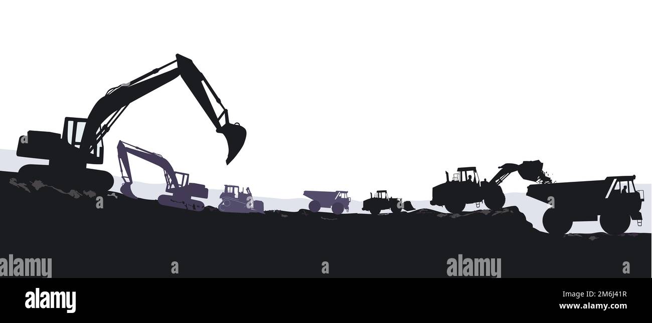 Illustration de la pelle hydraulique et du bulldozer sur le terrassement Banque D'Images