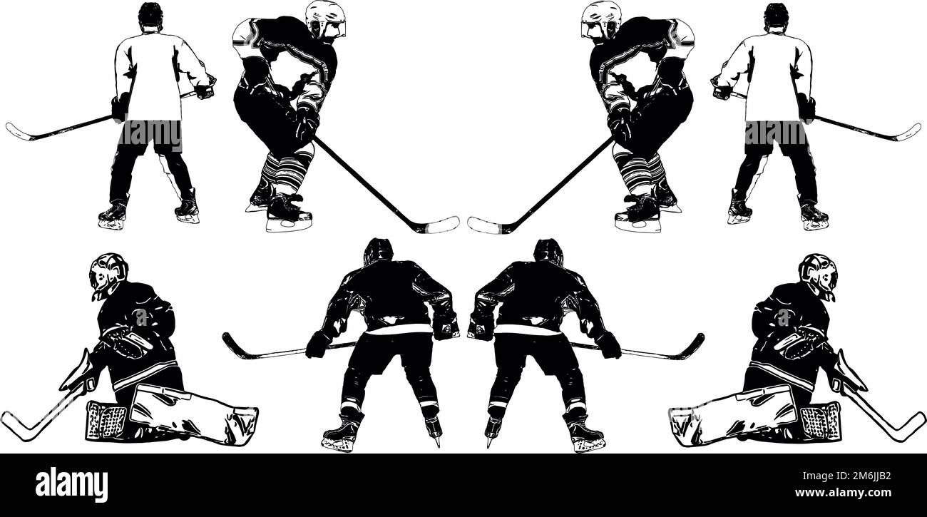 Une sélection d'images vectorielles noir et blanc des joueurs de l'équipe de hockey en uniforme Banque D'Images