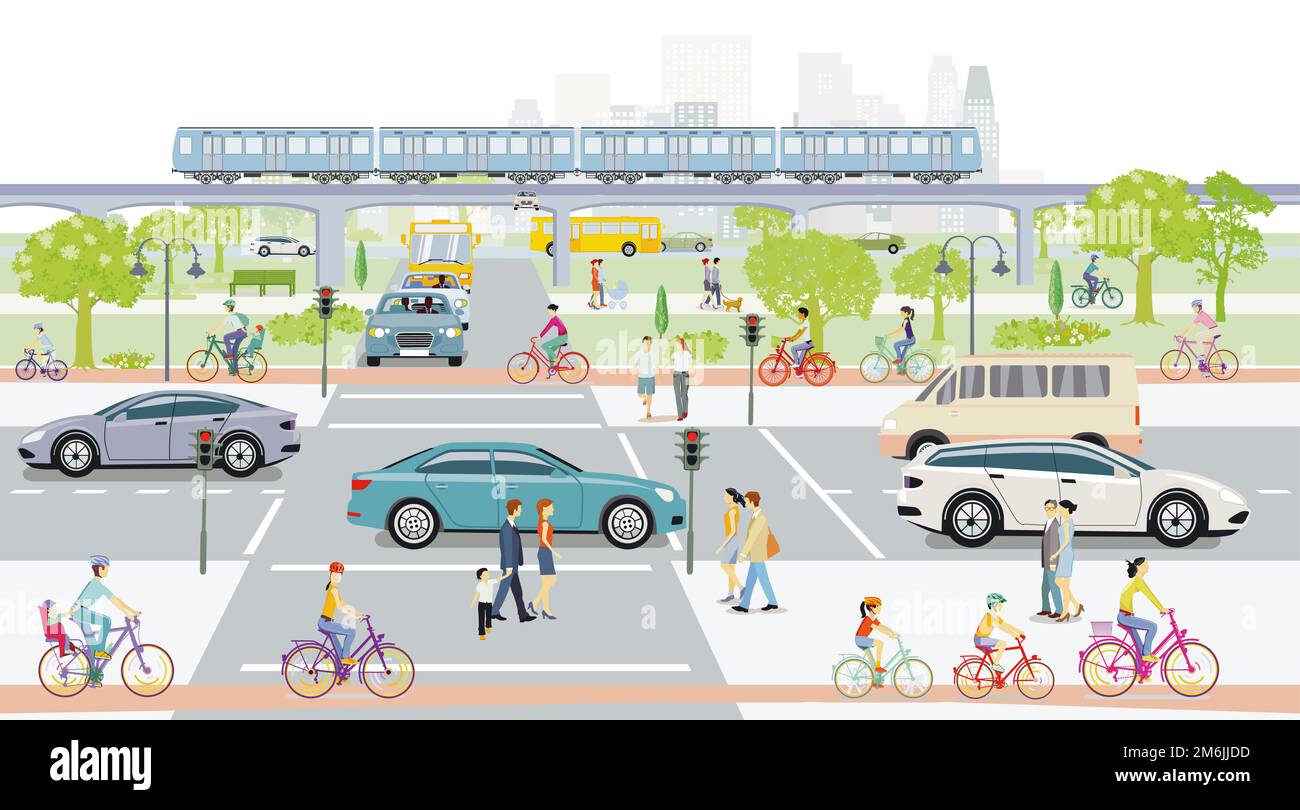 Silhouette de ville avec des gens sur le trottoir et train surélevé, circulation routière, illustration Banque D'Images