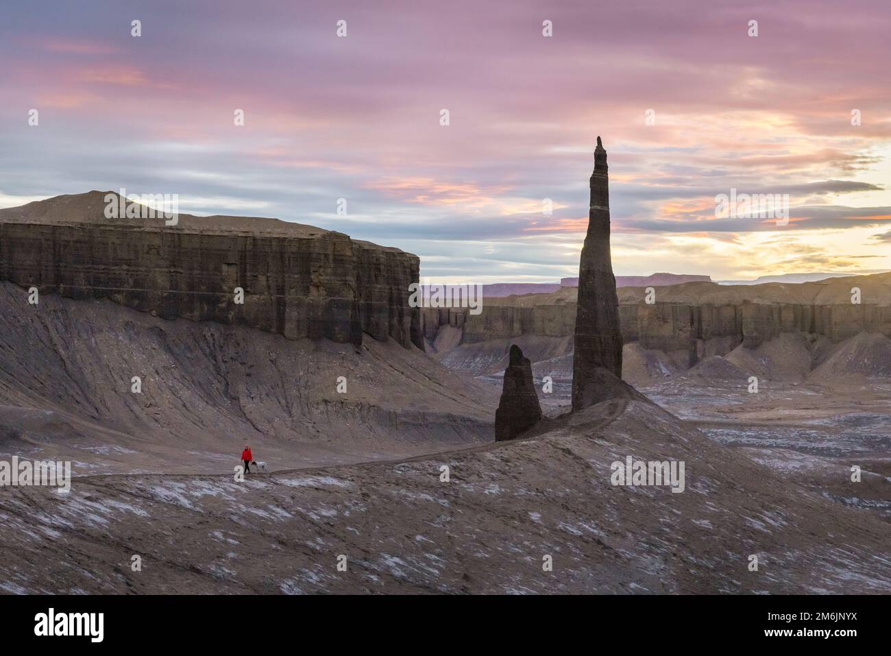 Femme marchant avec un chien dans le désert contre le ciel pendant le coucher du soleil Banque D'Images