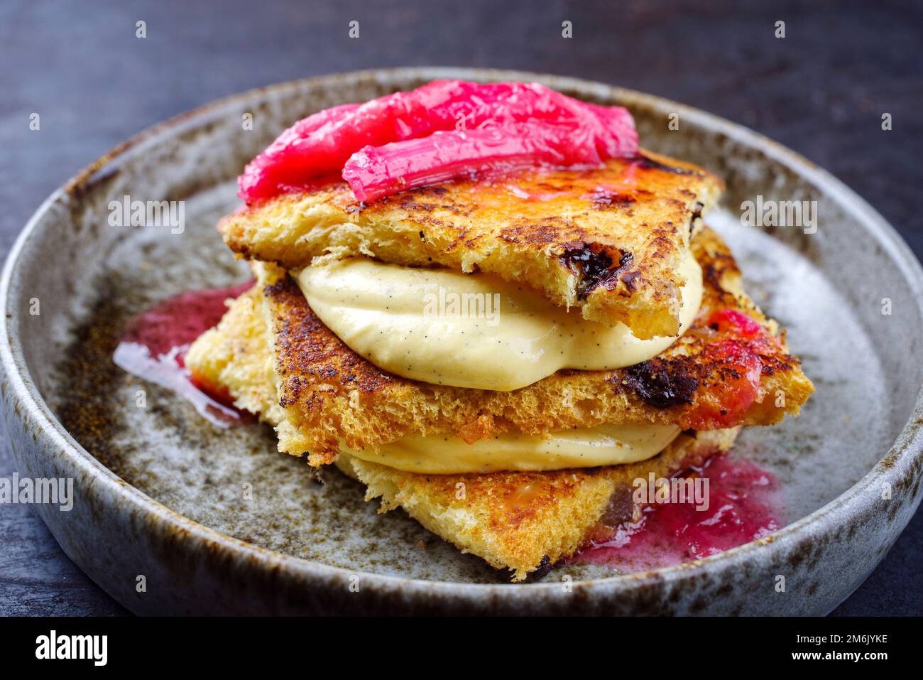 Tiramisu italien traditionnel rôti aux panettons avec crème anglaise à la vanille et rhubarbe servi en gros plan dans un bol de style nordique Banque D'Images