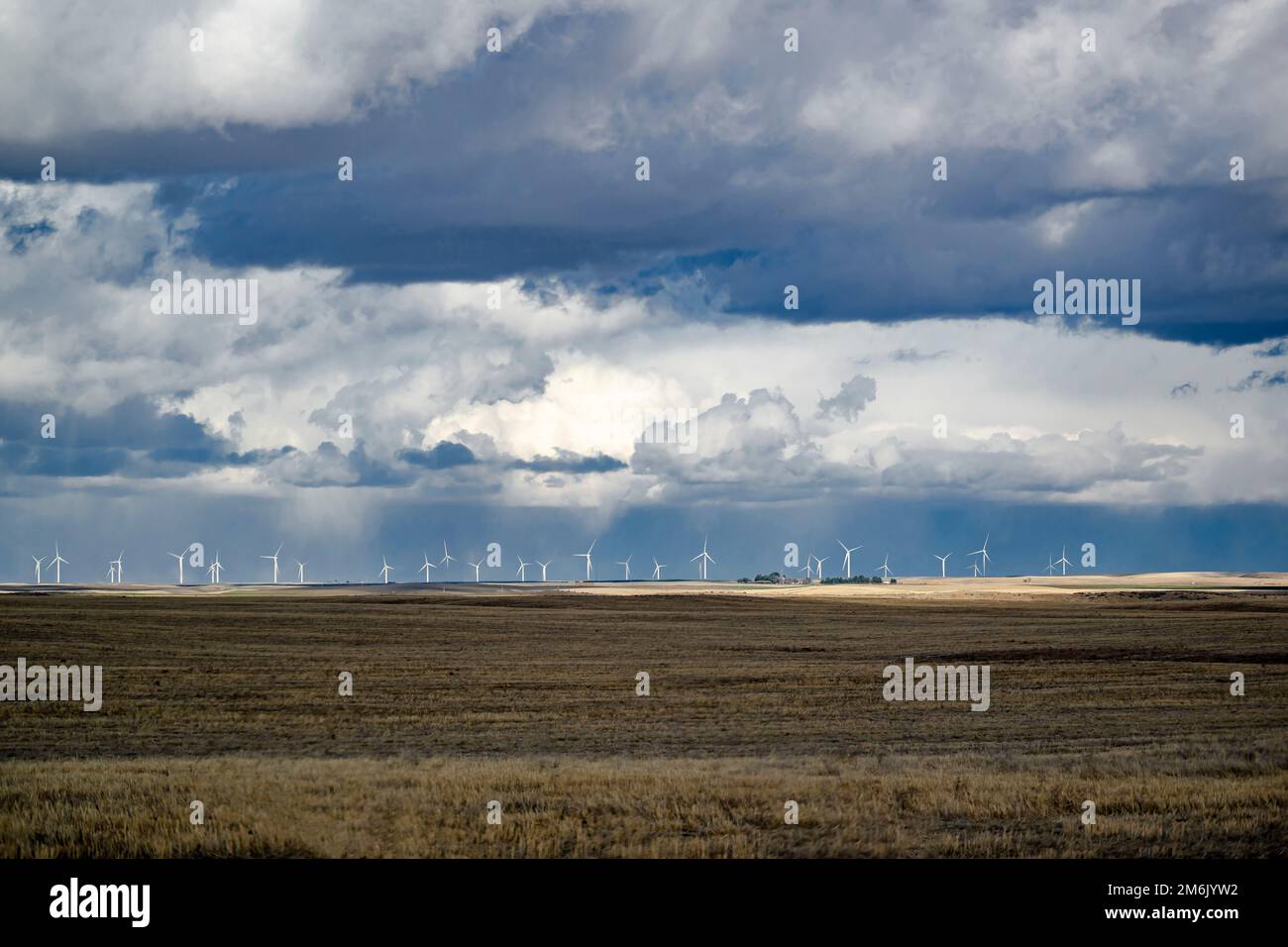 Aménagement paysager avec des groupes écotechnologiques de générateurs d'énergie éolienne électrique pour transformer l'énergie éolienne en énergie électrique à l'horizon à la limite d'un cu Banque D'Images