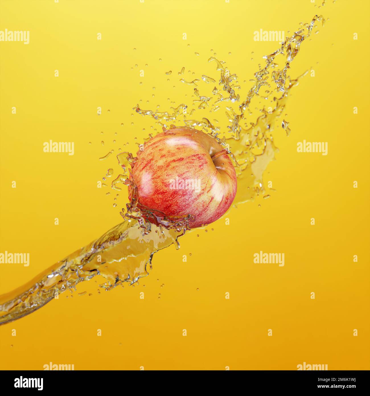 Pomme mûre versée par un jet d'eau sur fond jaune. 3d rendu. Banque D'Images