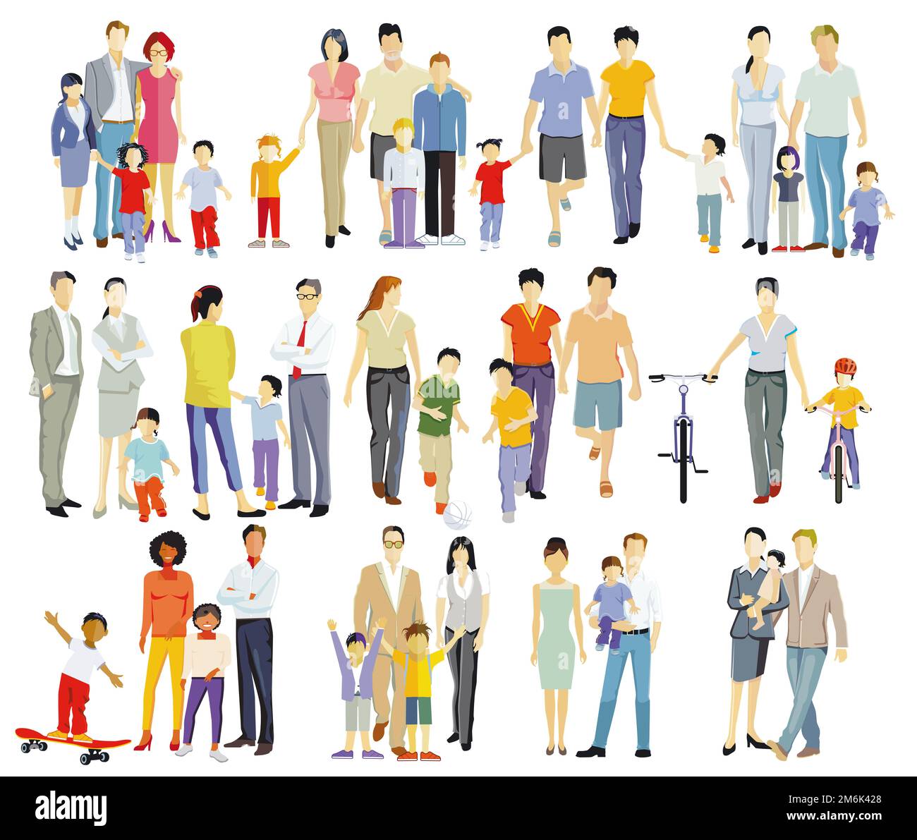 Parents et enfants, groupes familiaux isolés sur blanc, illustration Banque D'Images