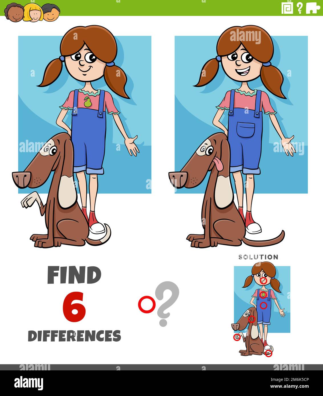 Jeu de différences avec la petite fille de dessin animé et son chien Banque D'Images