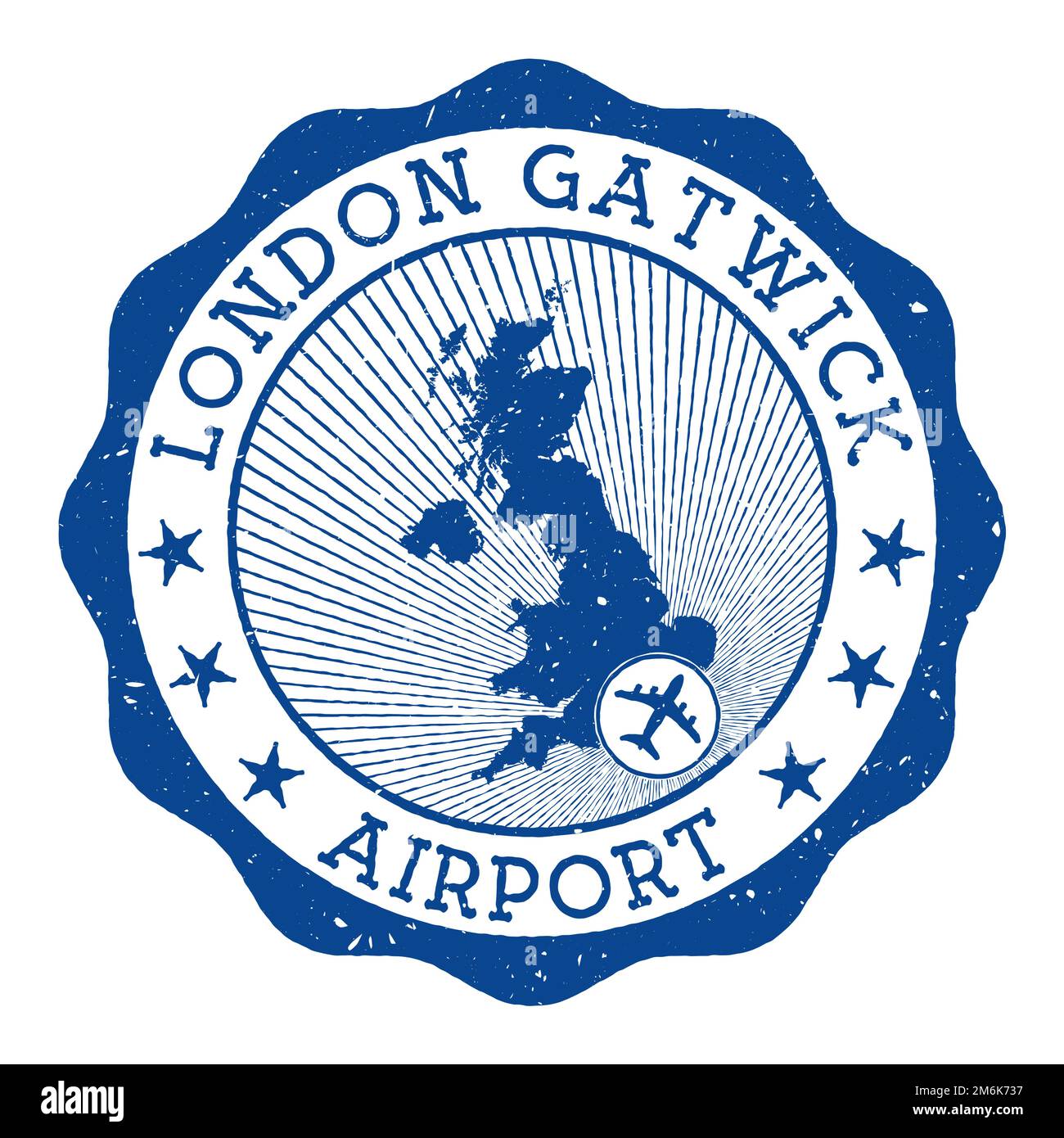 Timbre de l'aéroport de Londres Gatwick. Logo rond de l'aéroport de Londres avec emplacement sur la carte du Royaume-Uni marquée par avion. Illustration vectorielle. Illustration de Vecteur