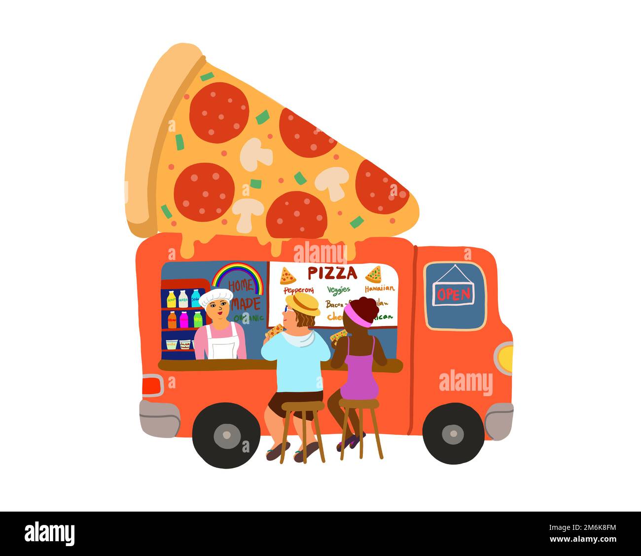 Un camion alimentaire de rue avec un fournisseur qui vend des pizzas aux clients. Plats à emporter à l'extérieur et concept de petite entreprise. Vecteur. Illustration de Vecteur