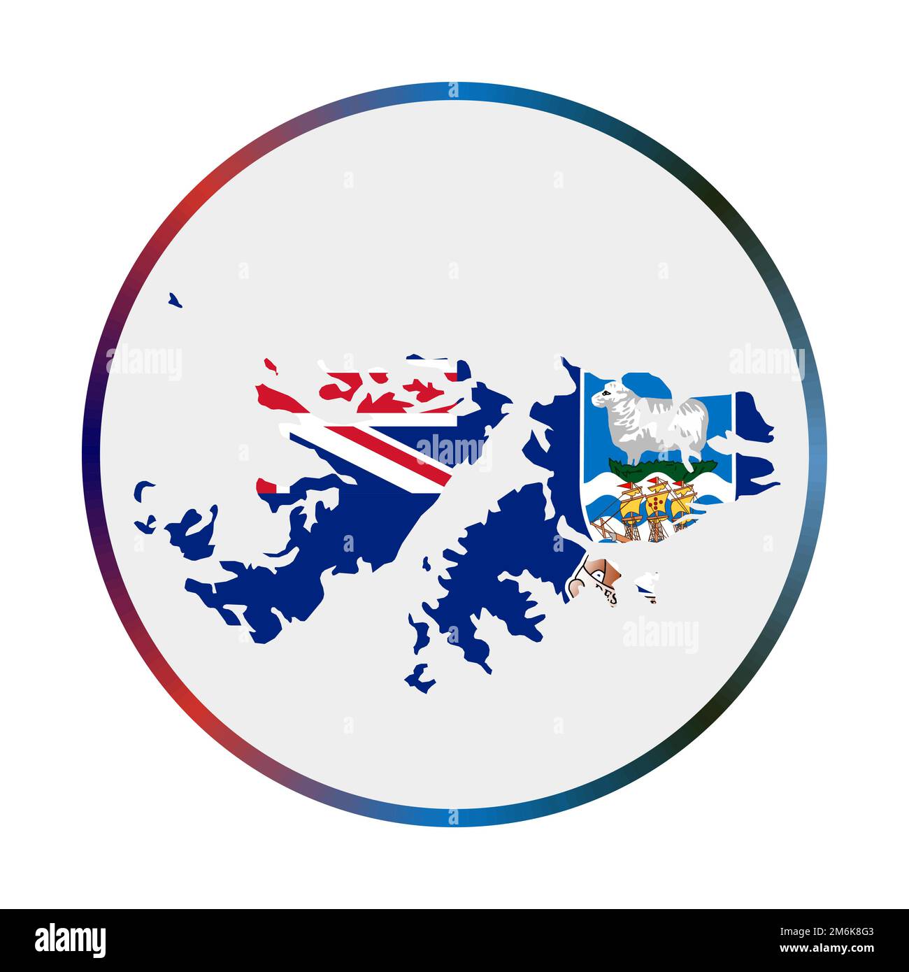 Icône Falklands. Forme du pays avec drapeau Falklands. Signe rond avec anneau dégradé de couleurs drapeau. Illustration vectorielle charmante. Illustration de Vecteur