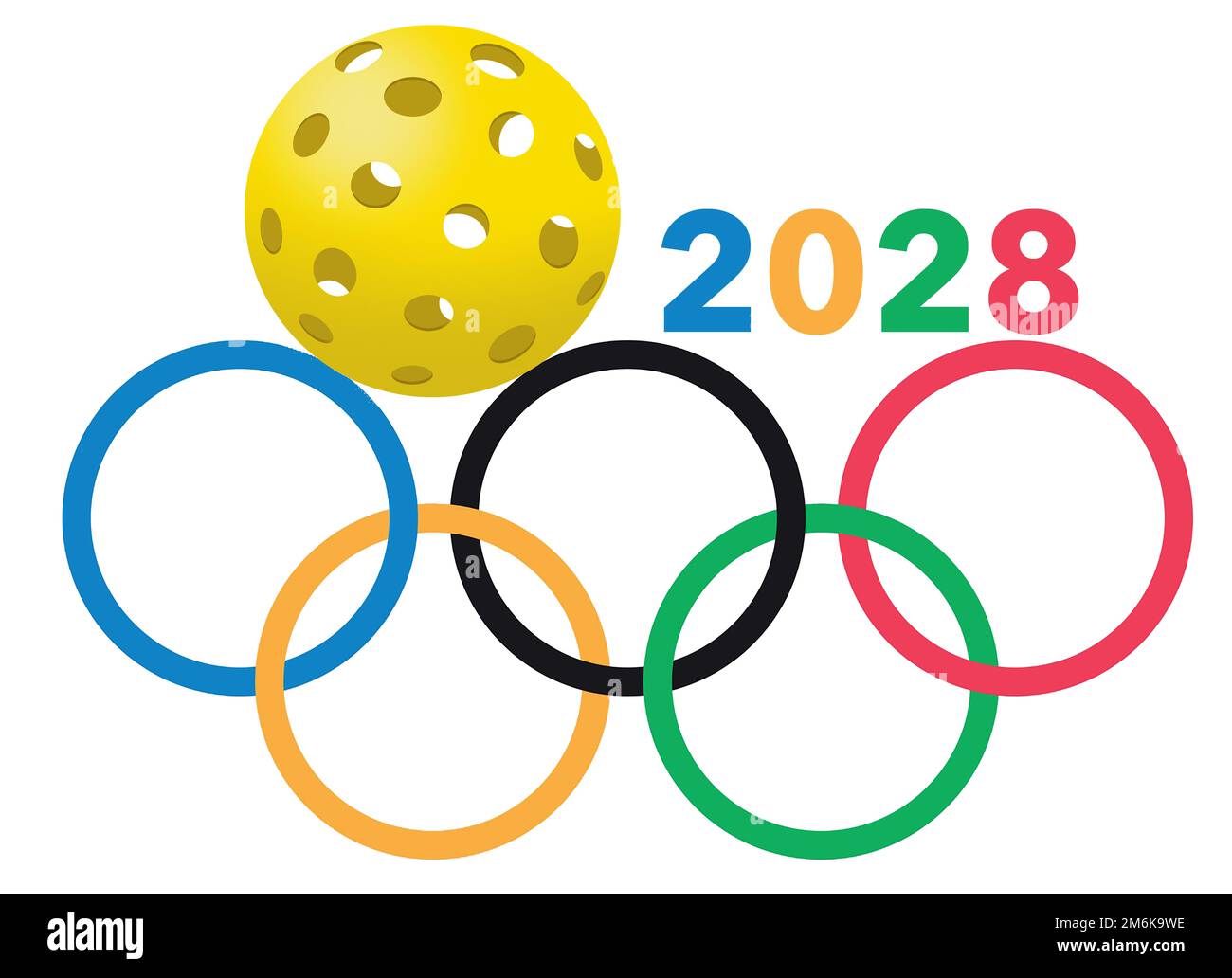 Dans cette illustration de 3 jours, les boules de pique-nichon sont représentées en couleurs et en position ressemblant au logo des Jeux Olympiques. Le pickle olympique est une possibilité pour 2028 A. Banque D'Images