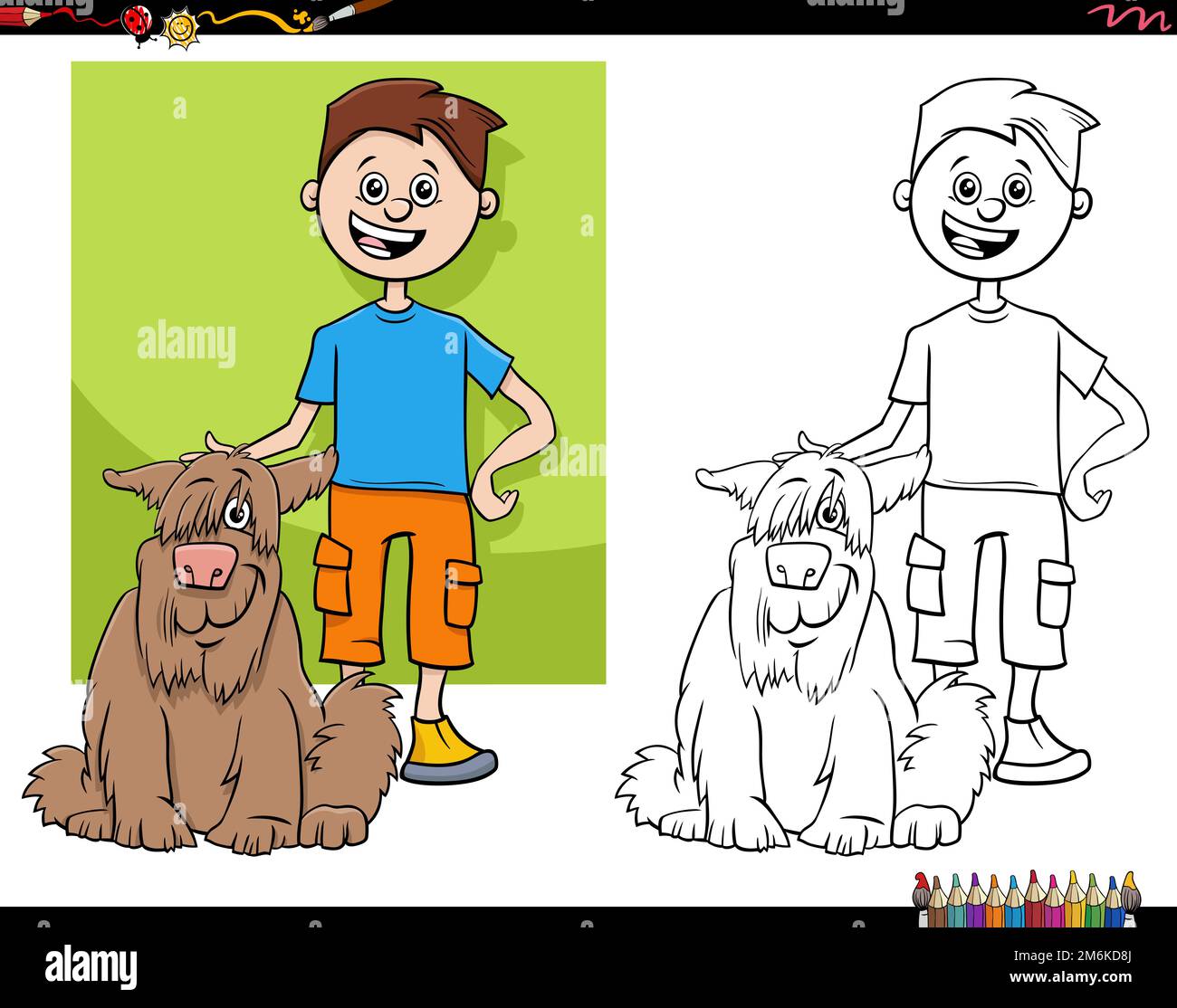 Dessin animé adolescent garçon et sa page de coloriage de chien Banque D'Images