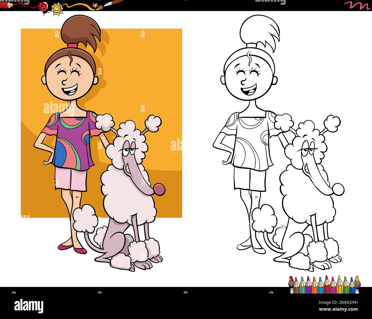 Bande dessinée fille et sa page de coloriage de chien de caniche Banque D'Images