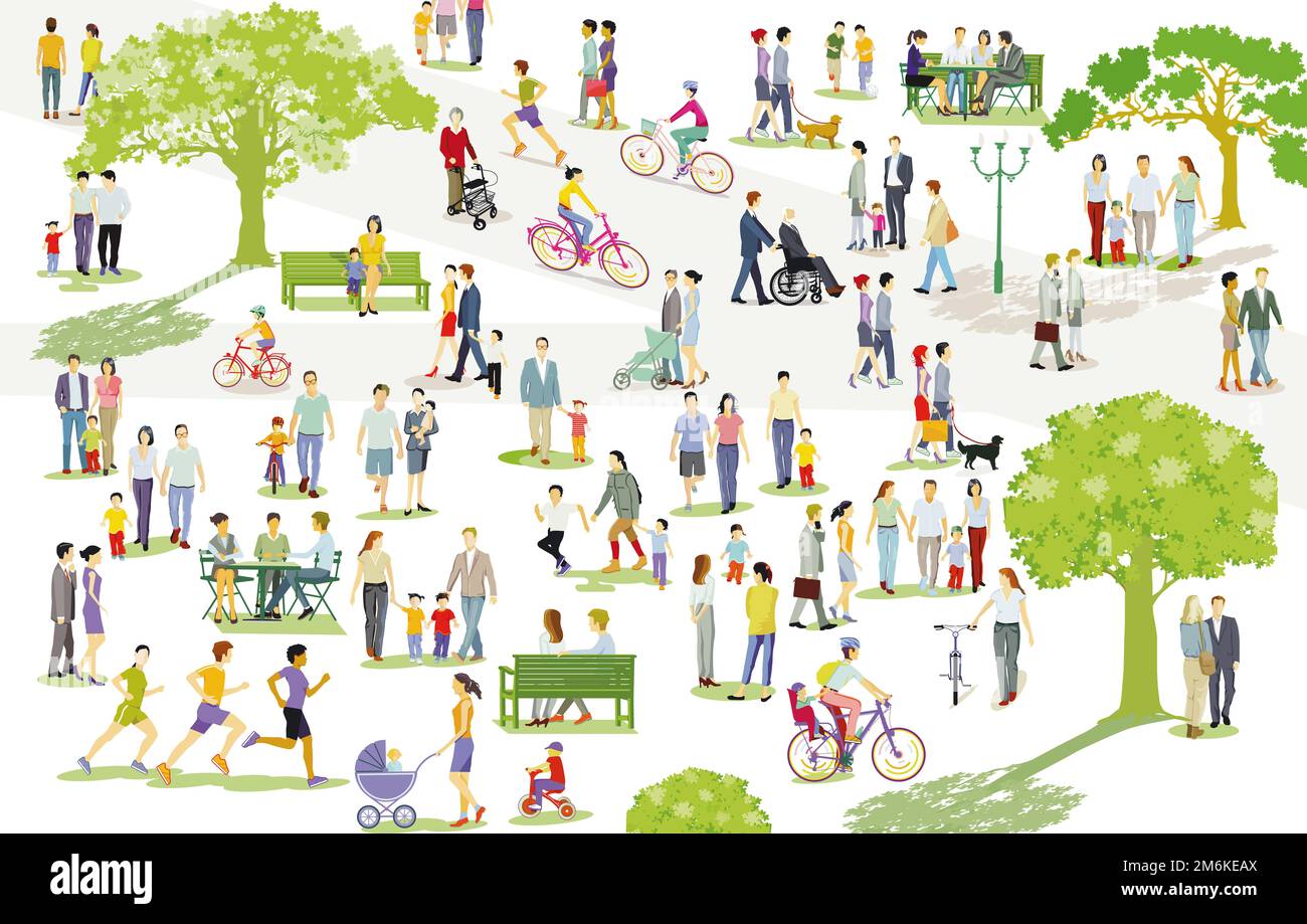Les familles et d'autres personnes ont un repos dans le parc pendant le temps libre, illustration Banque D'Images