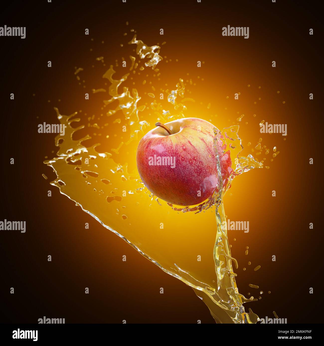 Une pomme mûre rouge volant dans un jet d'eau rétro-éclairé. 3d rendu Banque D'Images