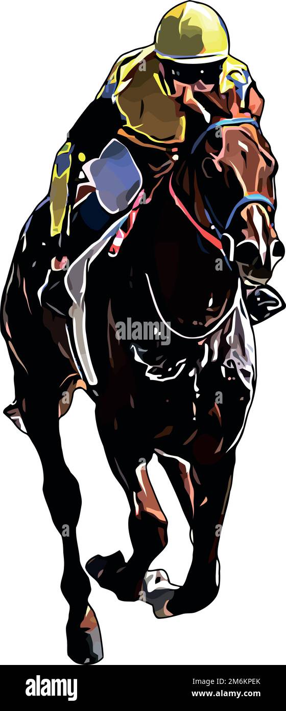 Cheval de course avec jockey aux courses. Isolé sur un fond blanc Banque D'Images