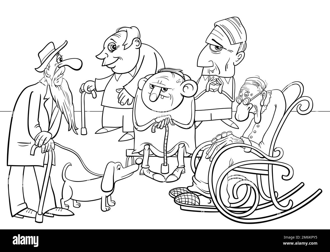 Page de coloriage de dessin animé de groupe de personnages de personnes âgées Banque D'Images