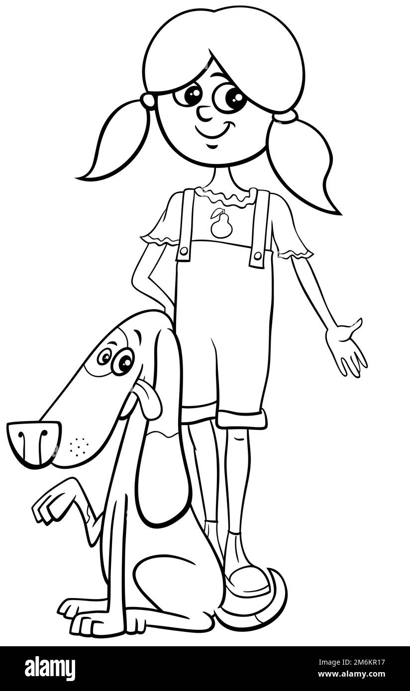 Dessin animé fille avec chien caractère coloriage page Banque D'Images