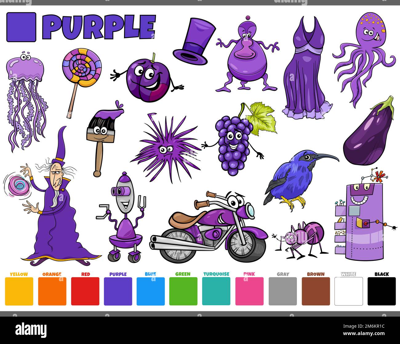 Défini avec des caractères de dessin animé et des objets en violet Banque D'Images