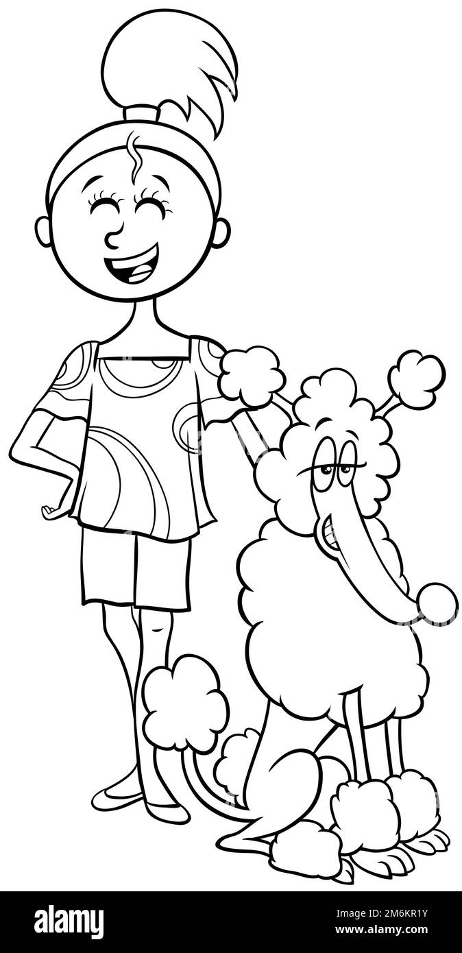 Dessin animé teen fille avec la page de coloriage de personnage de chien de paodle Banque D'Images