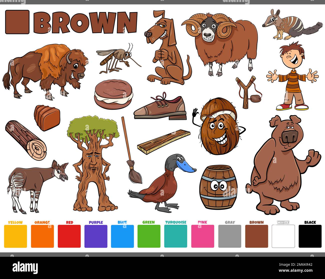 Défini avec des caractères et des objets de dessin animé en marron Banque D'Images