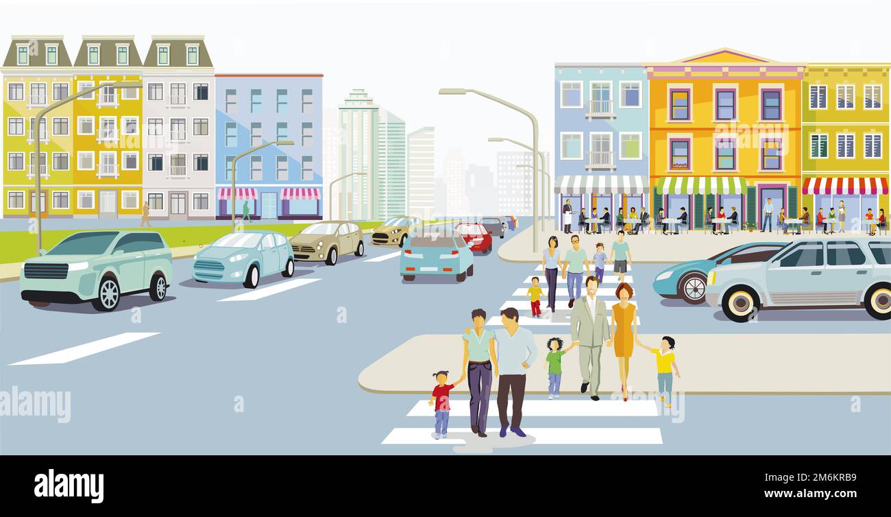 Silhouette de ville avec des familles sur le passage de côté et la circulation routière, illustration Banque D'Images