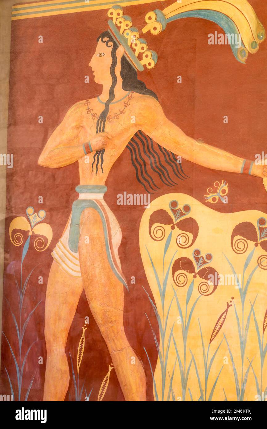 Fresque au palais de Knossos en Crète, Grèce Banque D'Images