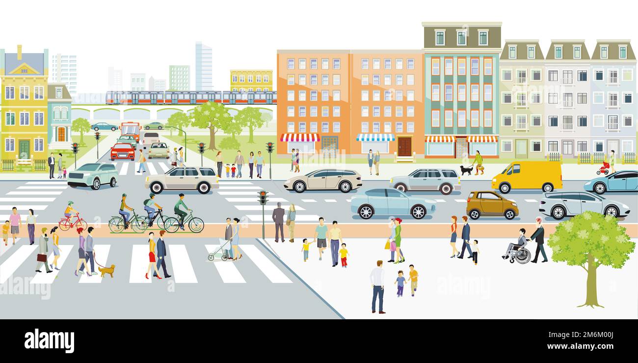 Grande ville avec les gens et la circulation de rue et en face des bâtiments, illustration Banque D'Images