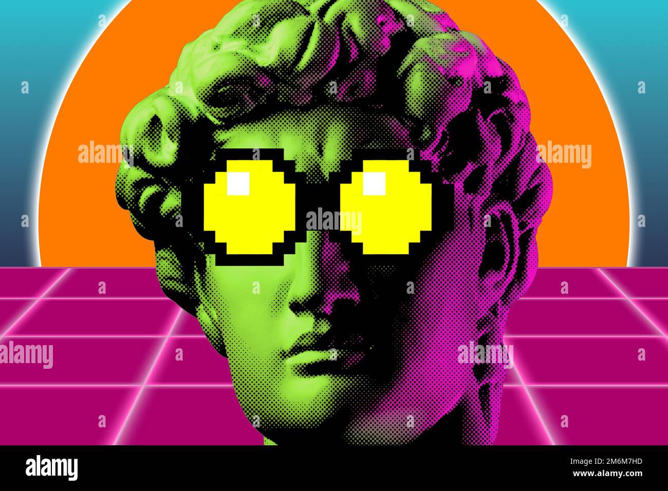 Collage avec visage d'homme de sculpture antique en pixels de lunettes. Style Vaporwave. Image créative moderne avec tête ancienne statue. Fu Banque D'Images