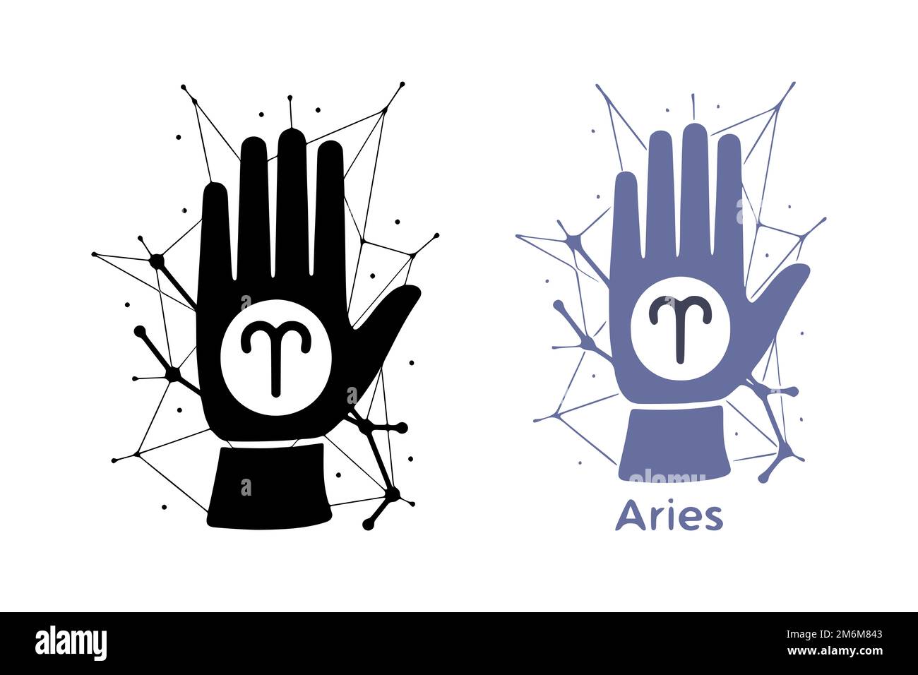 Main avec symbole Bélier isolée sur fond blanc. Horoscope de la chance art raconter Constellation Doodle design. Banque D'Images