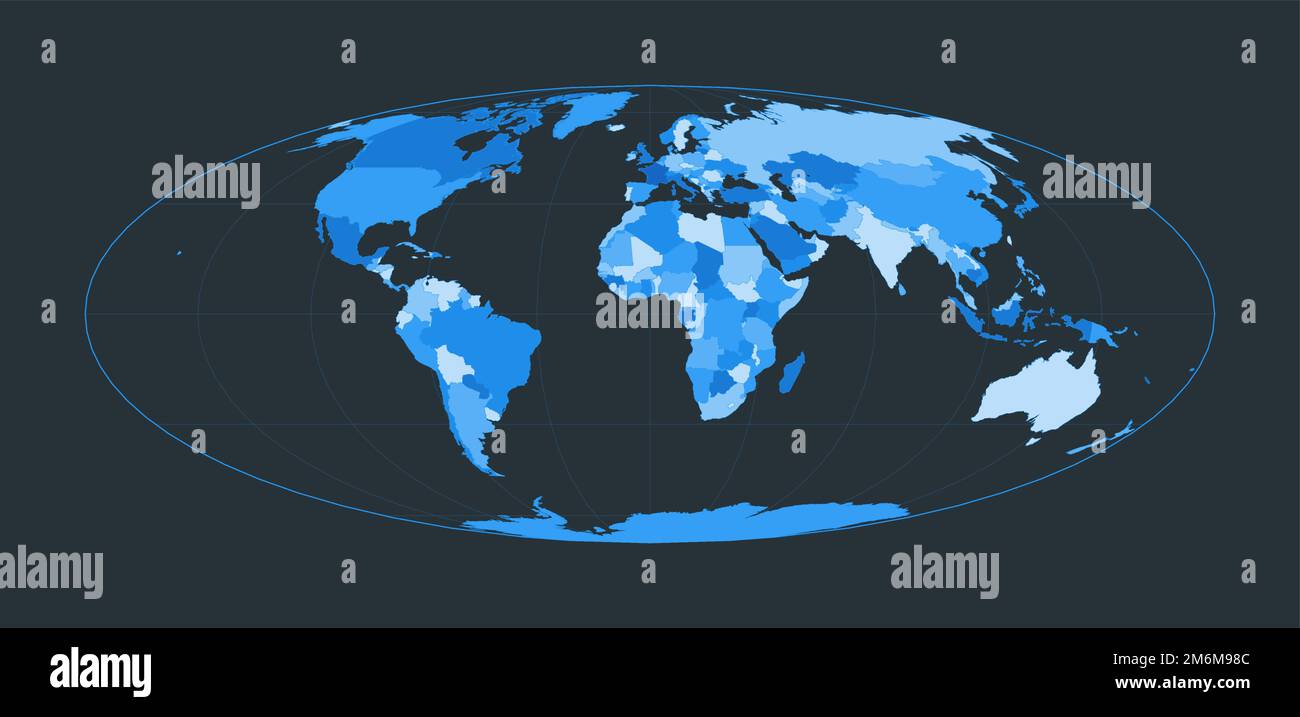 Carte du monde. Projection Bromley. Illustration du monde futuriste pour votre infographie. Belle palette de couleurs bleues. Illustration vectorielle élégante. Illustration de Vecteur