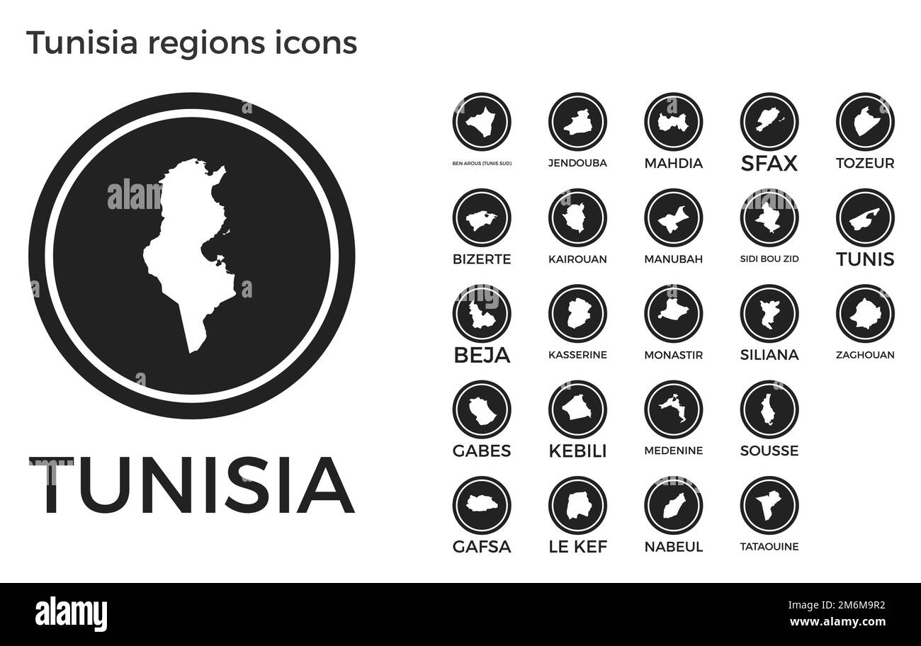 Icônes des régions de Tunisie. Logos ronds noirs avec cartes et titres des pays. Illustration vectorielle. Illustration de Vecteur
