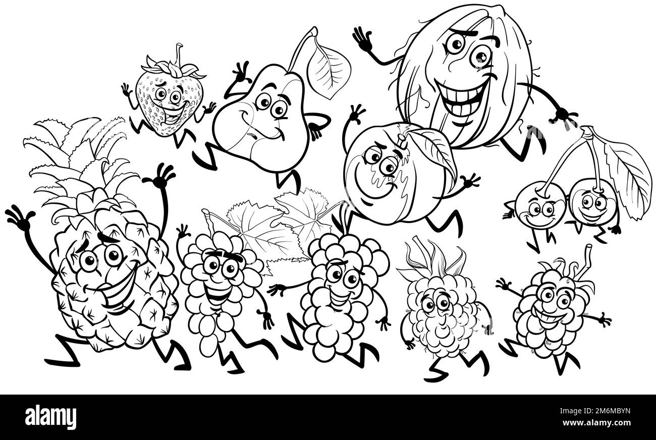 Caricature de groupe de personnages de fruits amusants Banque D'Images