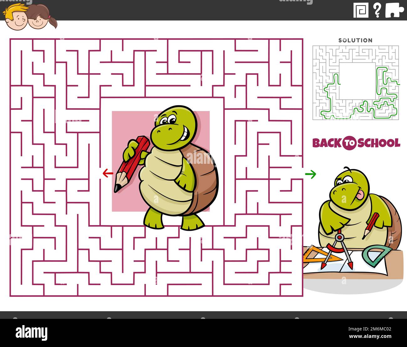 Jeu de labyrinthe avec tortue de dessin animé allant à l'école Banque D'Images