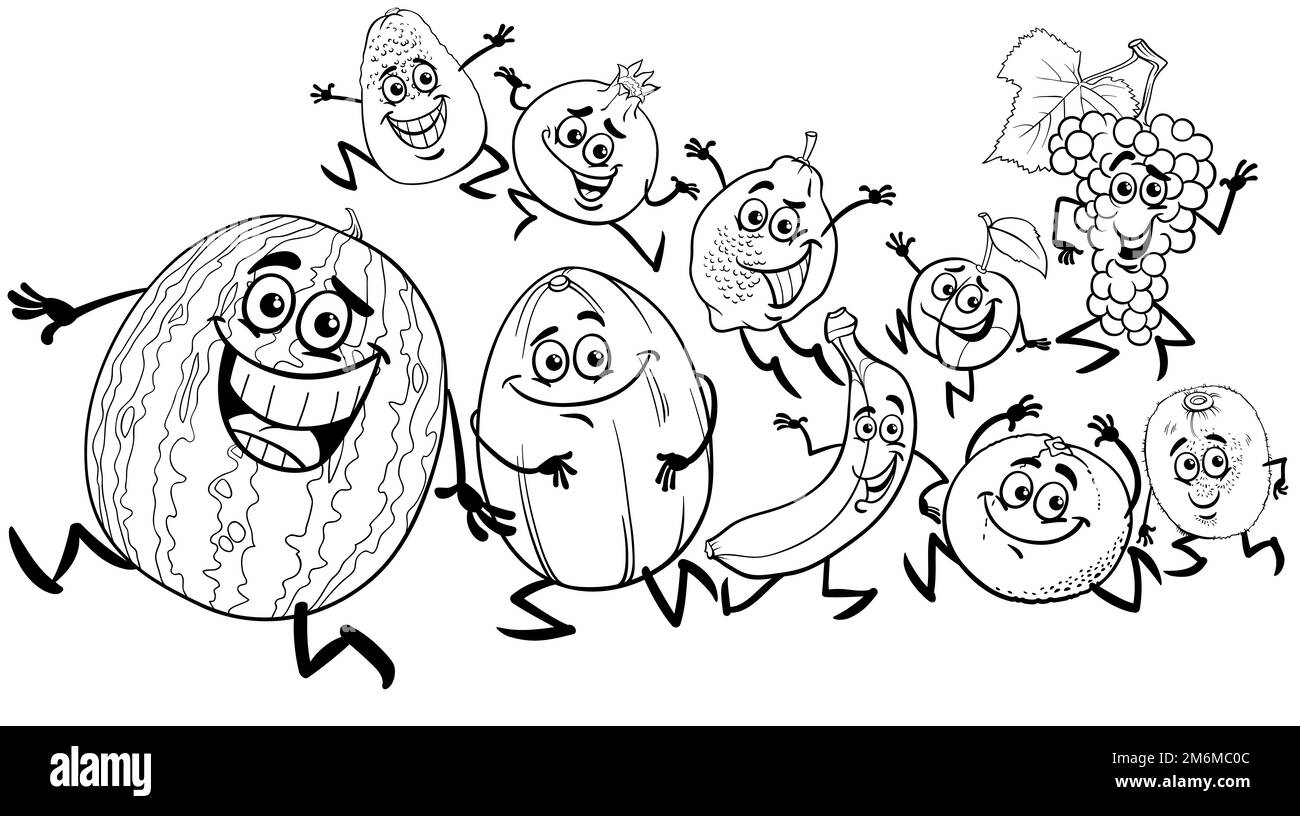 Dessin animé drôle de fruit caractères groupe de coloriage page Banque D'Images