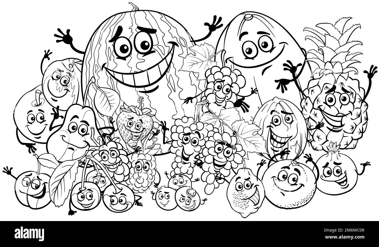 Page de coloriage de groupe de personnages de fruits de dessin animé